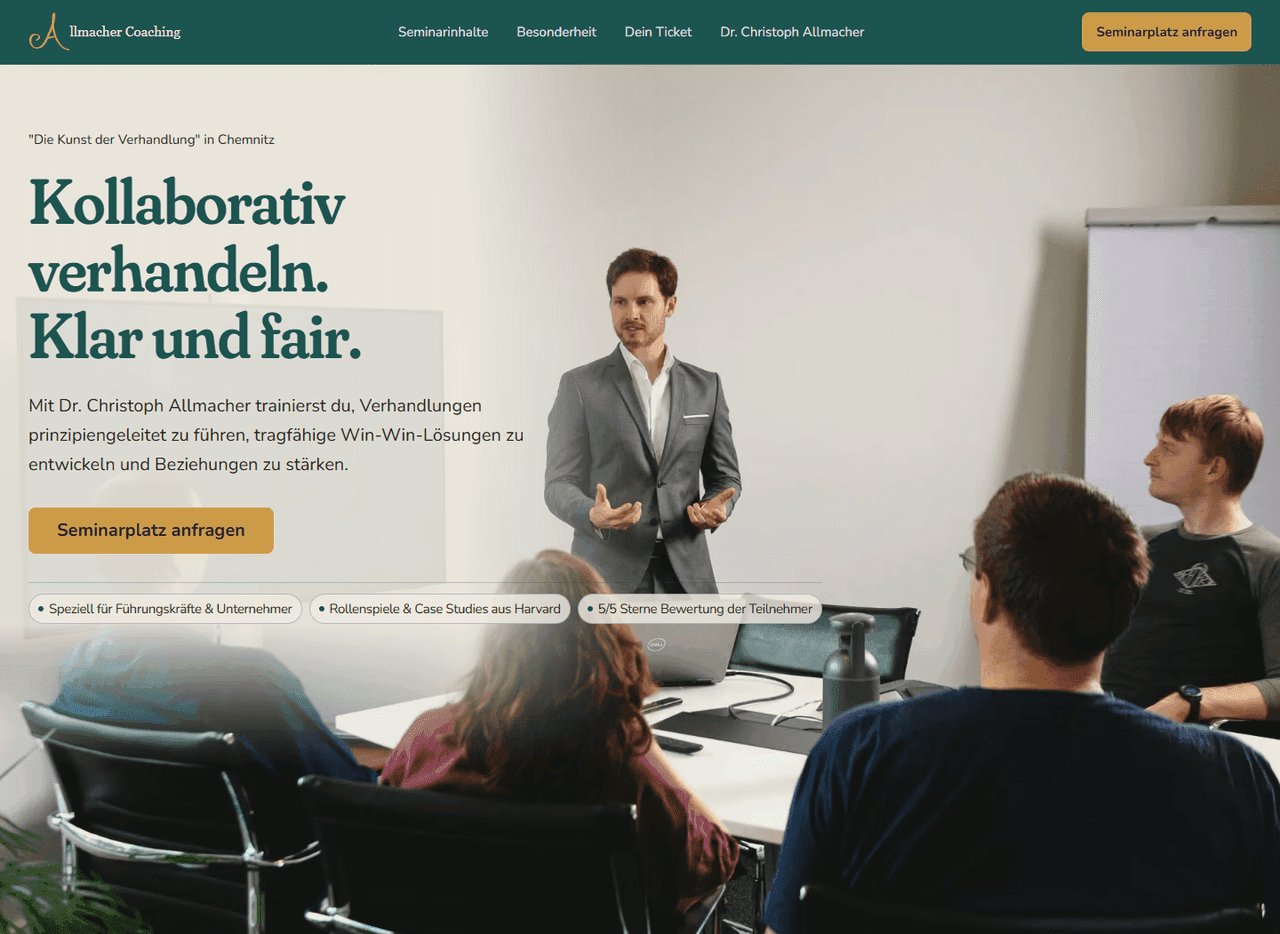 Preview of the Allmacher Coaching website for the negotiation seminar in Chemnitz