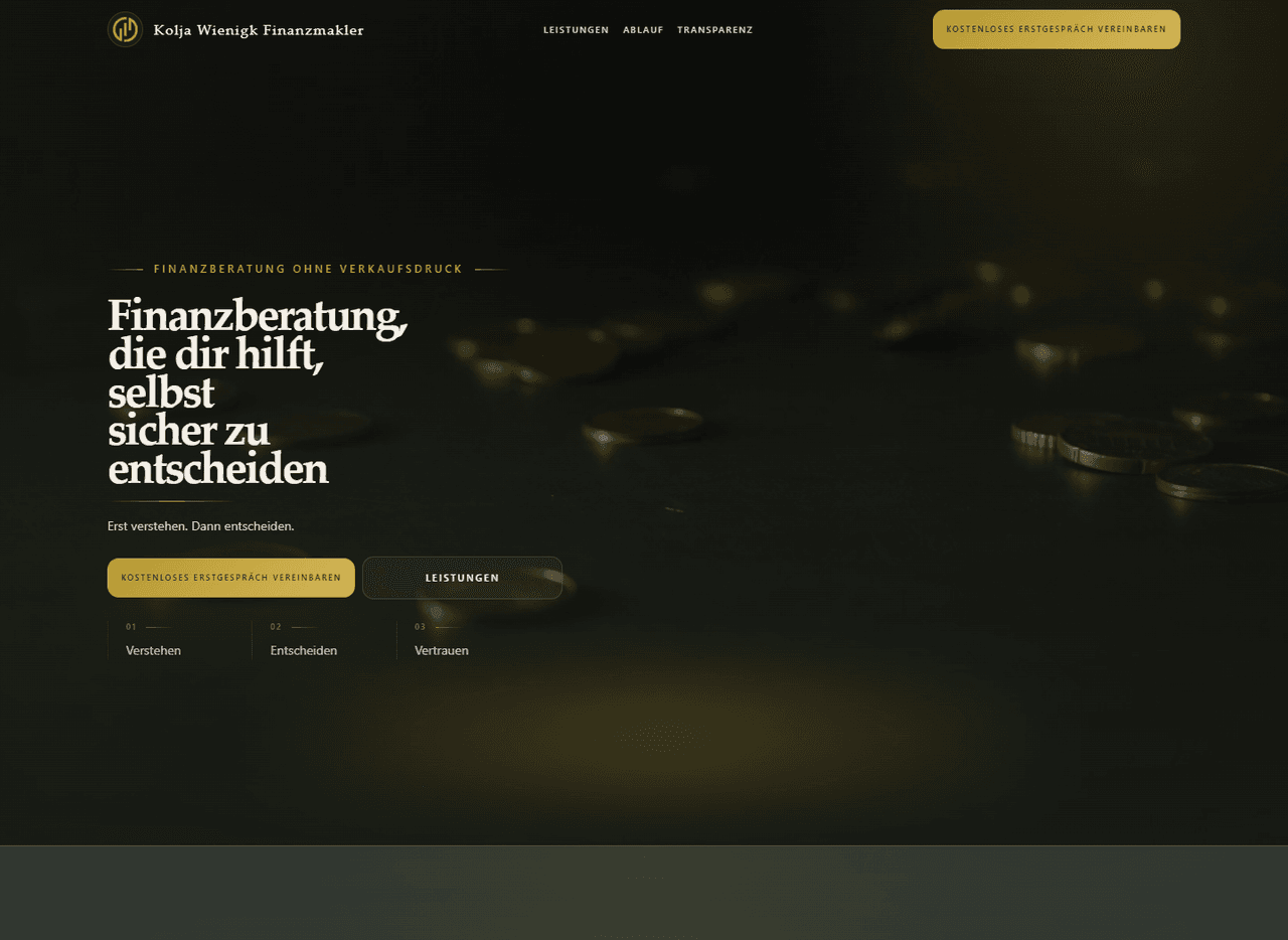 Preview of Kolja Wienigk's financial broker website with clear structure